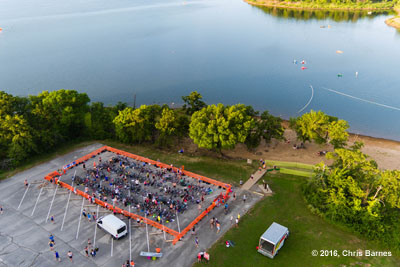 Arial view of the transition area of the Tulsa Triathlon at Birch Lake